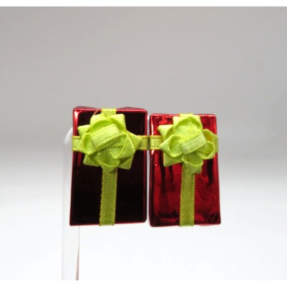Vintage Red Gift Box Clip On Earrings Green Ribbon Bow Christmas Present - Picture 3 of 8